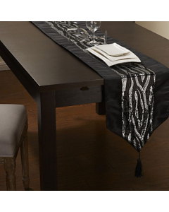 Chemin de table classique en polyester noir à paillettes argent 