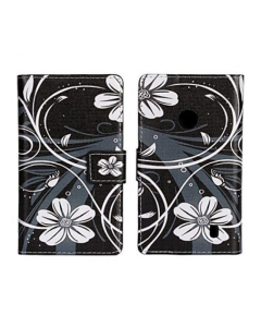 Etui Complet en Cuir PU à double fente avec motif fleurs blanches sur un fond noir pour Nokia Lumia 520