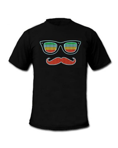 T-shirt Led Noir en coton avec motif lunettes et Barbe en LED allumés par le son