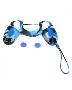 Etui protecteur en silicone à motif Bleu et Noir avec 2 Bouchons Couvre Joystick pour Manette PS4