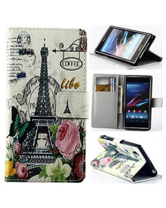 Etui portefeuille en Cuir PU à double fente avec motif des fleurs et Tour Eiffel pour Sony Xperia Z1 l39h