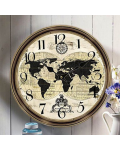 Horloge murale de style rustique à motif carte du monde en bois  35 x 35 x 4.5 cm