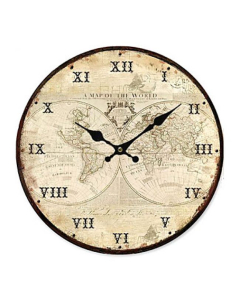 Horloge murale de style rustique à motif carte du monde en bois 35 x 35 x 2.5 cm