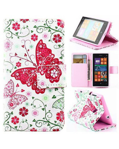 Etui portefeuille en Cuir PU à double fente avec motif papillons roses pour Nokia Lumia 520